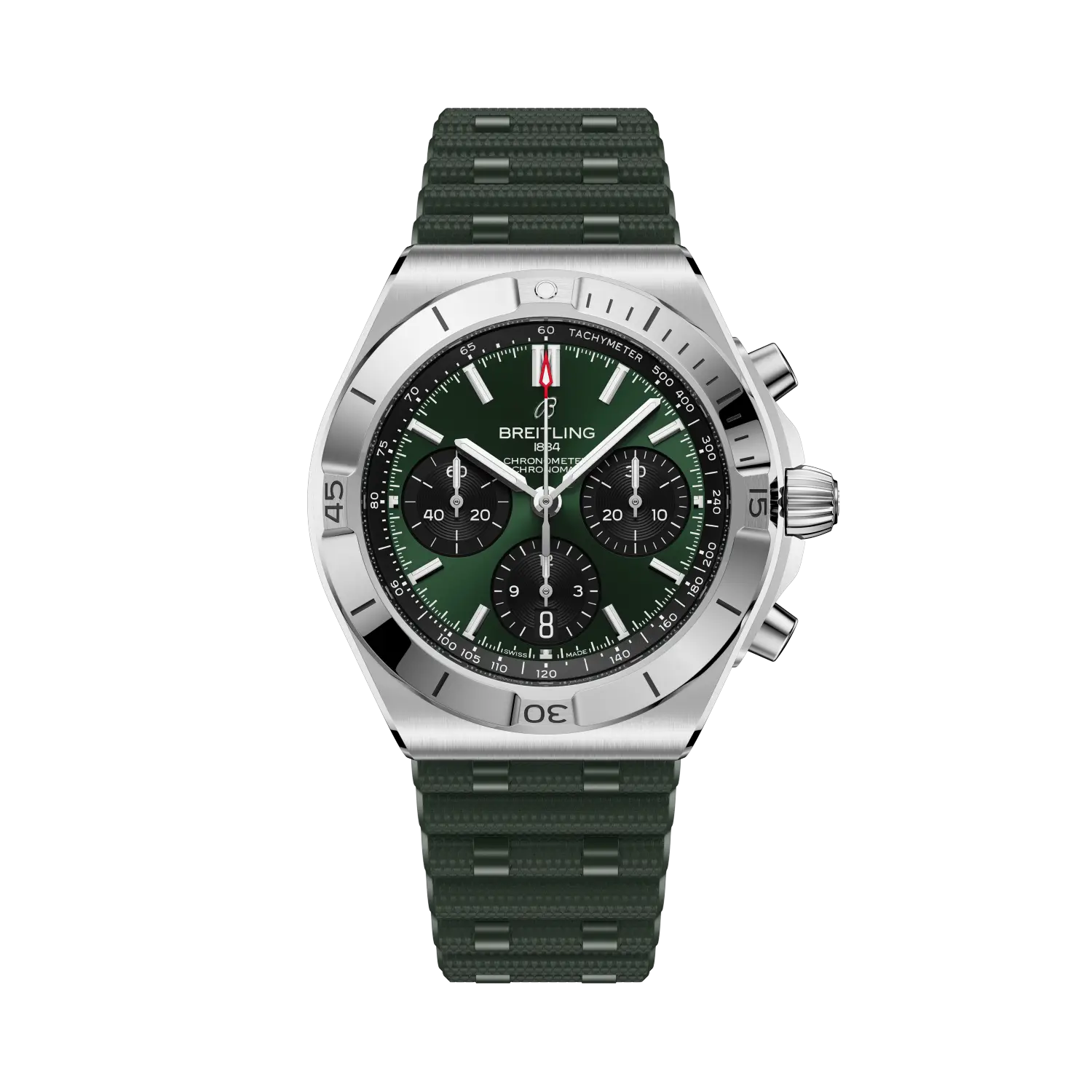 Breitling watch with green strap and green dial on a white background