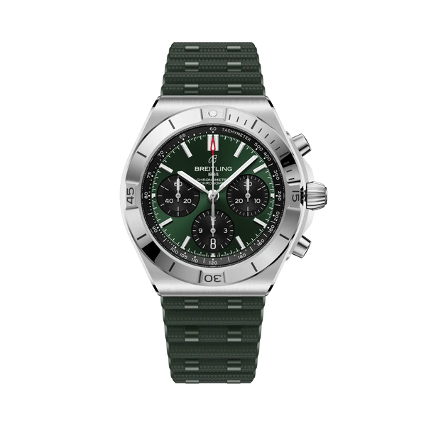 Breitling watch with green strap and green dial on a white background