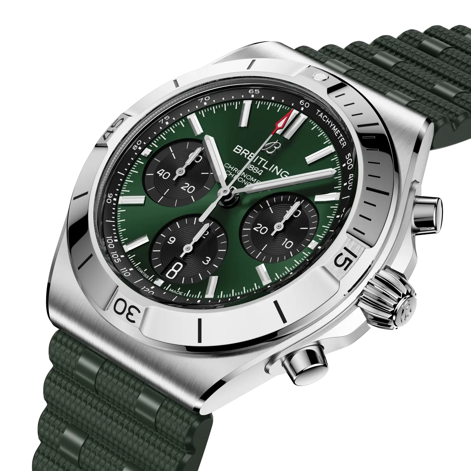 Breitling watch with green strap and green dial on a white background