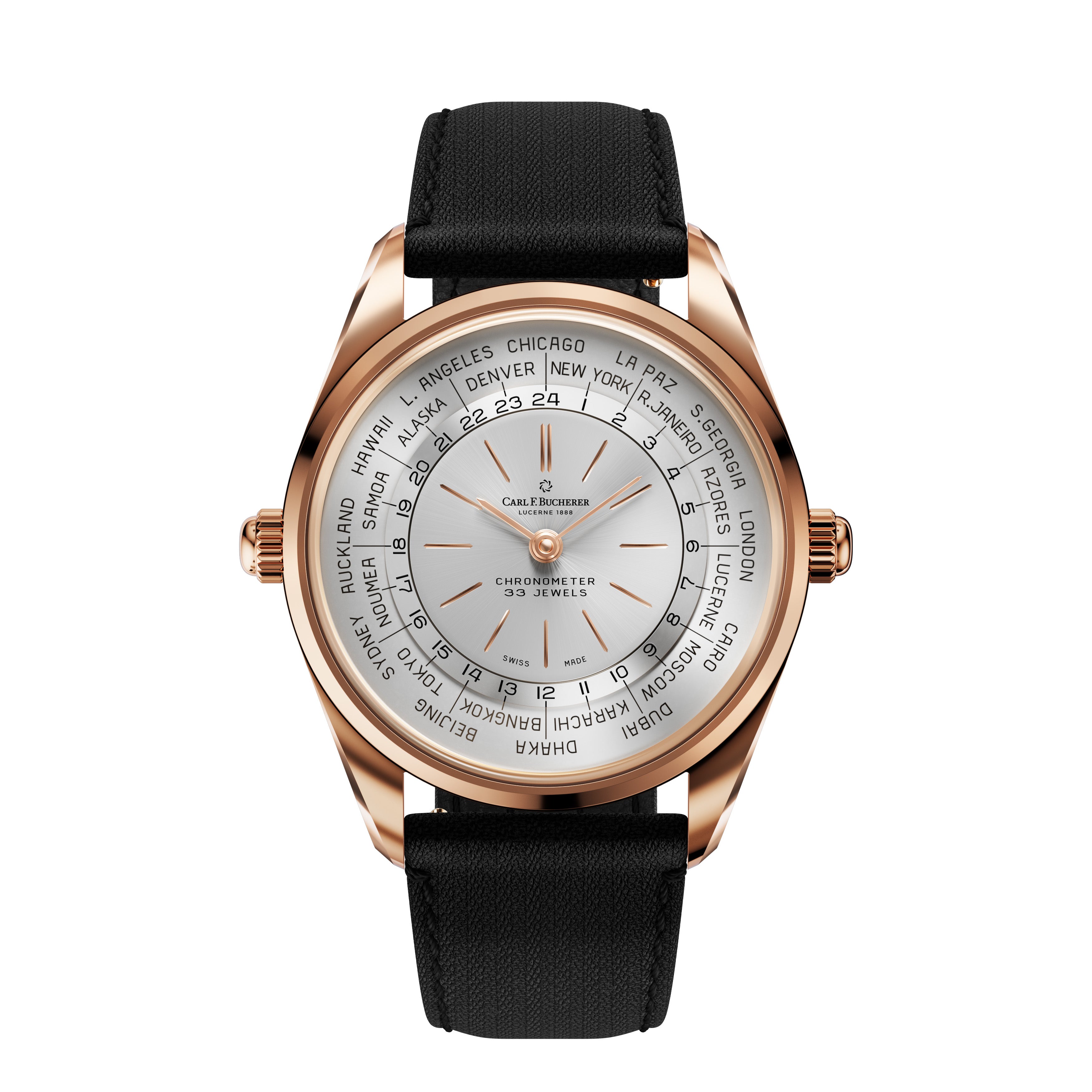 Product Image- Front view of Carl F. Bucherer Heritage Worldtimer
