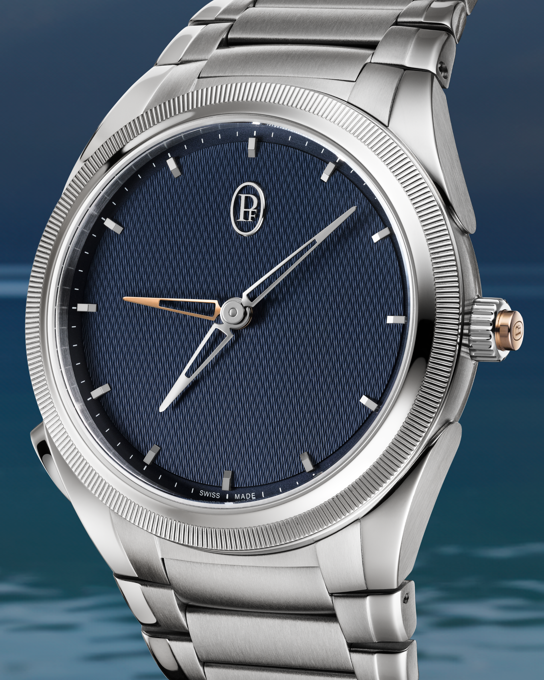 Angled View- Parmigiani Fleurier platinum watch with navy blue face