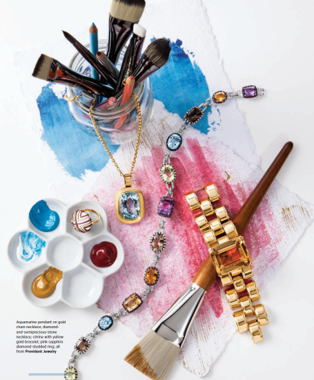 Collage of photos which include Provident Jewelry's diamond and semi-precious stone necklace