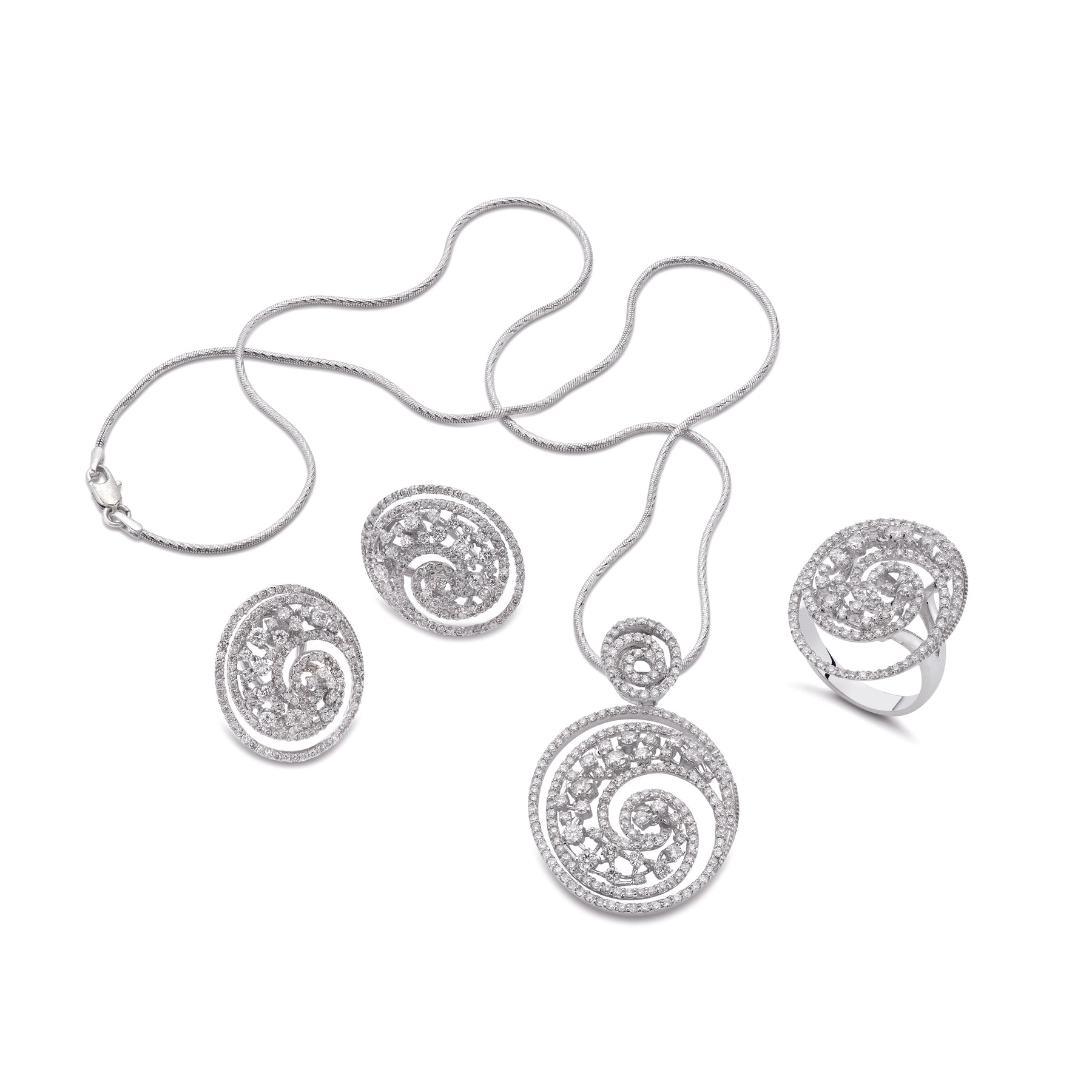 Matching art deco diamond necklace, earrings, and ring