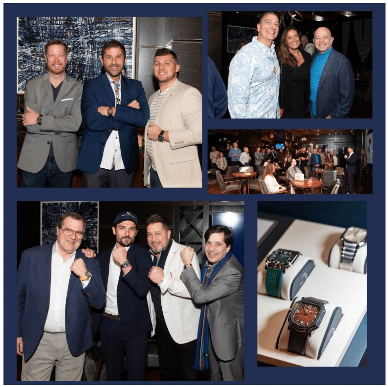 Collage of pictures of guests enjoying Gerald Charles watch Event