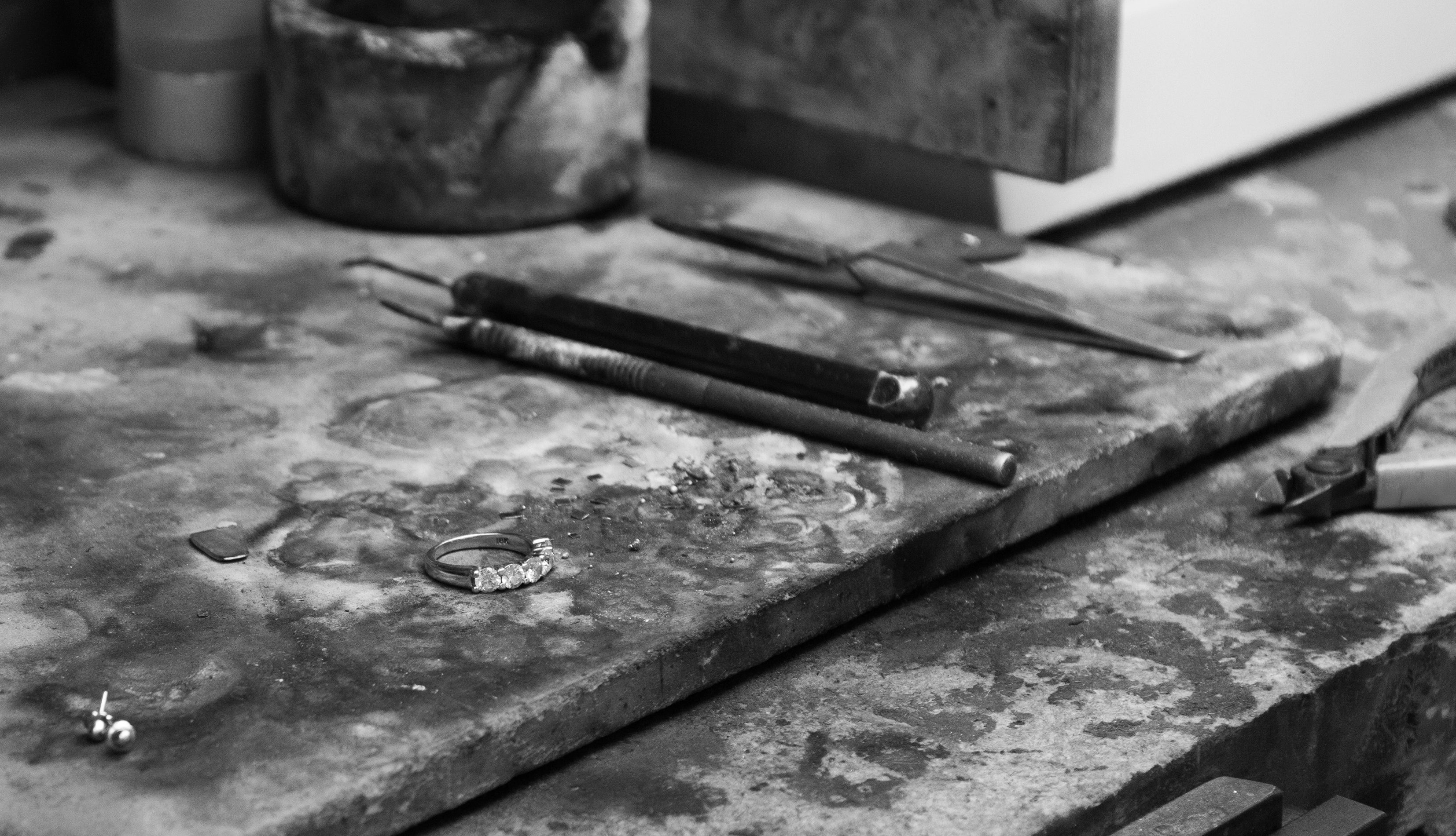 Black and white image of jewelry making tools