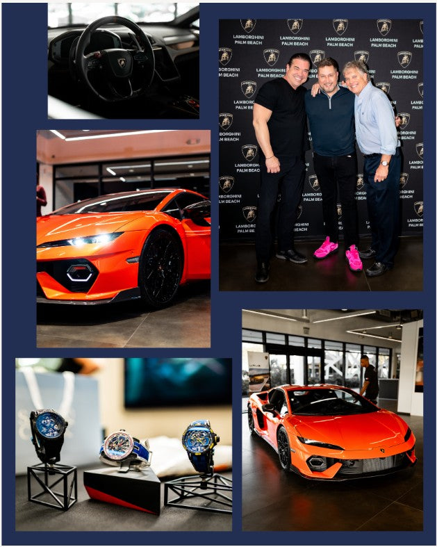 Collage of Lamborghini cars, watches and event attendees