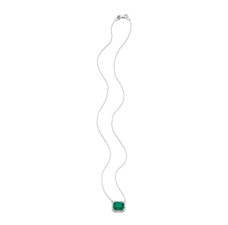 Product Image- Long white gold chain necklace with emerald stone surrounded by diamonds.