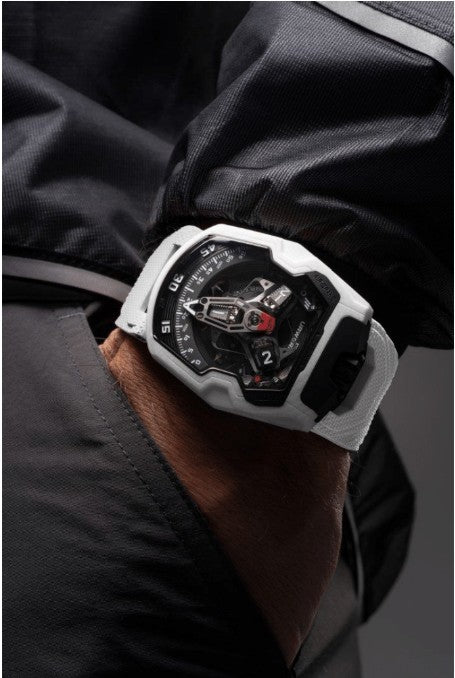 Lifestyle Image- URWERK- UR-230 Polaris Watch on man's wrist wearing black shirt with hand in pocket