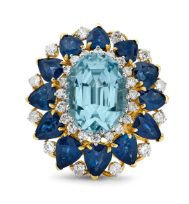 BLUE TOPAZ, SAPPHIRE AND DIAMOND COCKTAIL RING