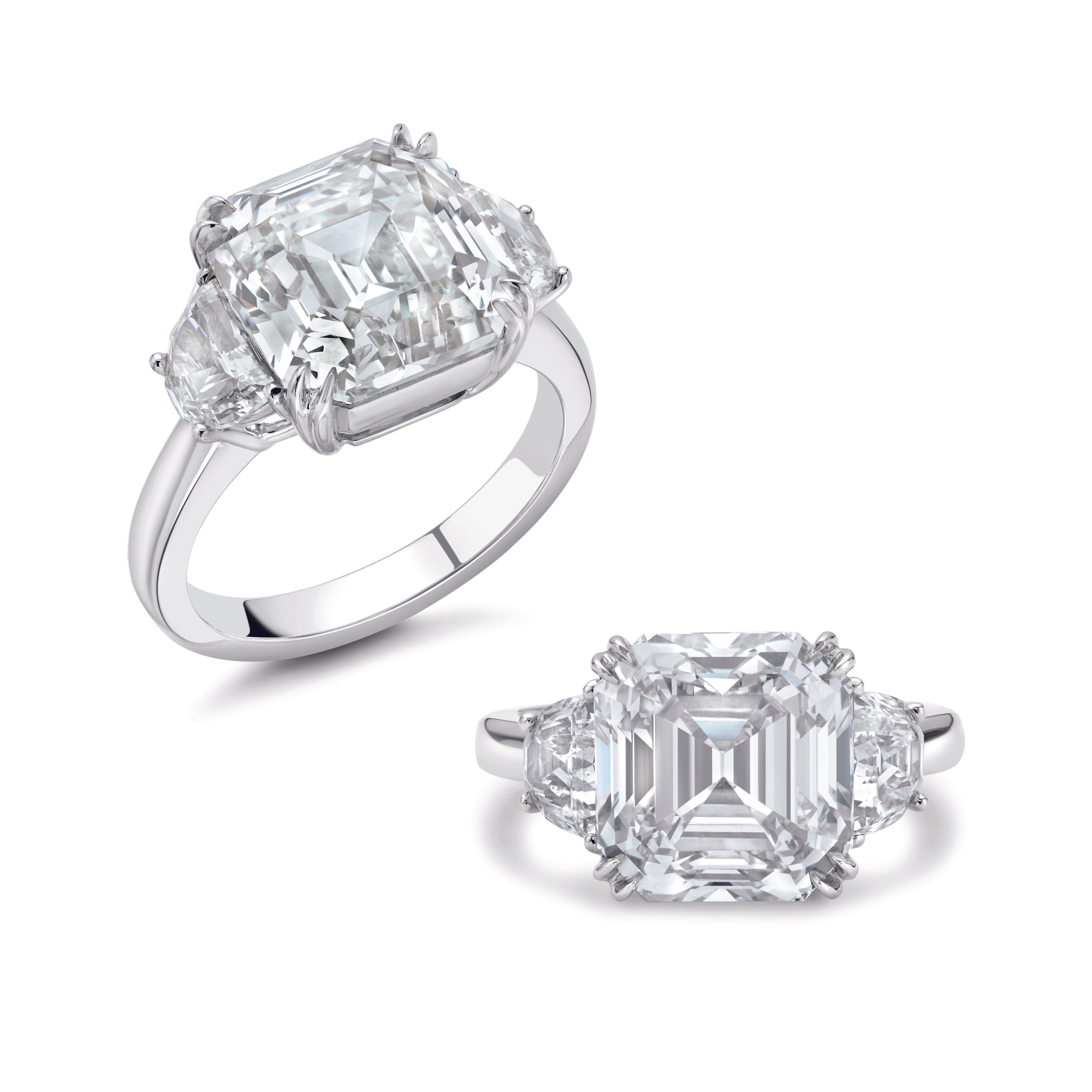 Two Emerald Cut Diamond Rings shown at different angles