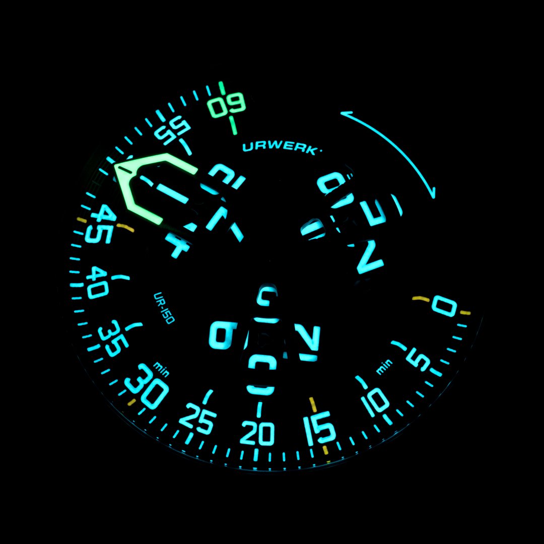 Front View- URWERK- UR-150 Scorpion Watch glow in the dark dial/face