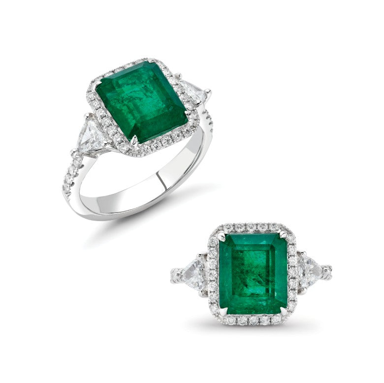 Product Image- Diamond and emerald ring set in white gold and displayed in two different angles