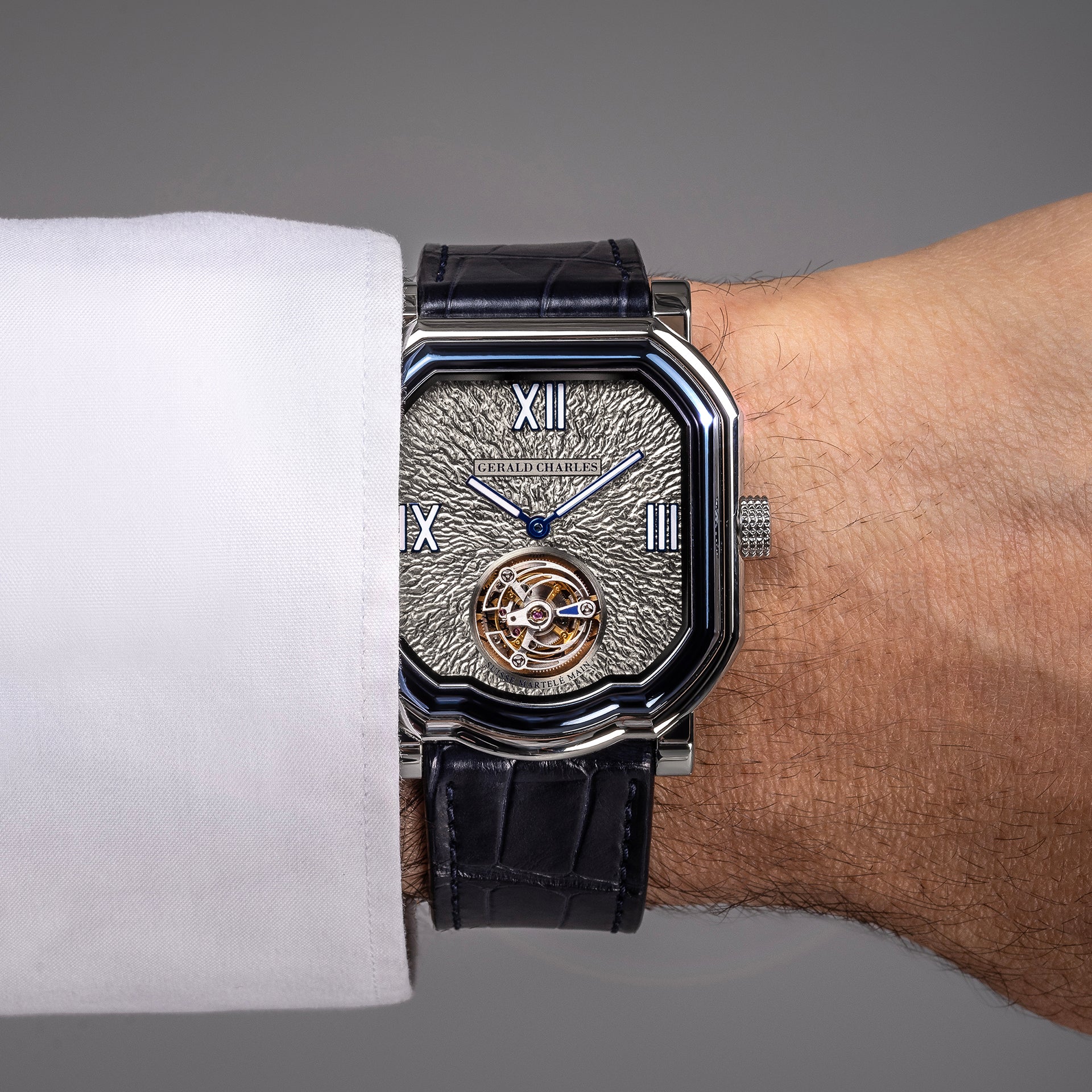 Lifestyle Image- Showing mans wrist wearing watch- Maestro 9.0 Tourbillon in White Gold Watch Collection by Gerald Charles