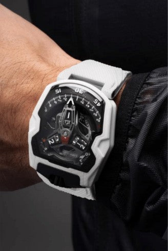 Lifestyle Image- URWERK- UR-230 Polaris Watch on man's wrist wearing black shirt