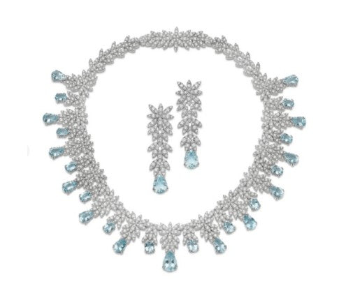 Aquamarine and diamond necklace and drop earrings
