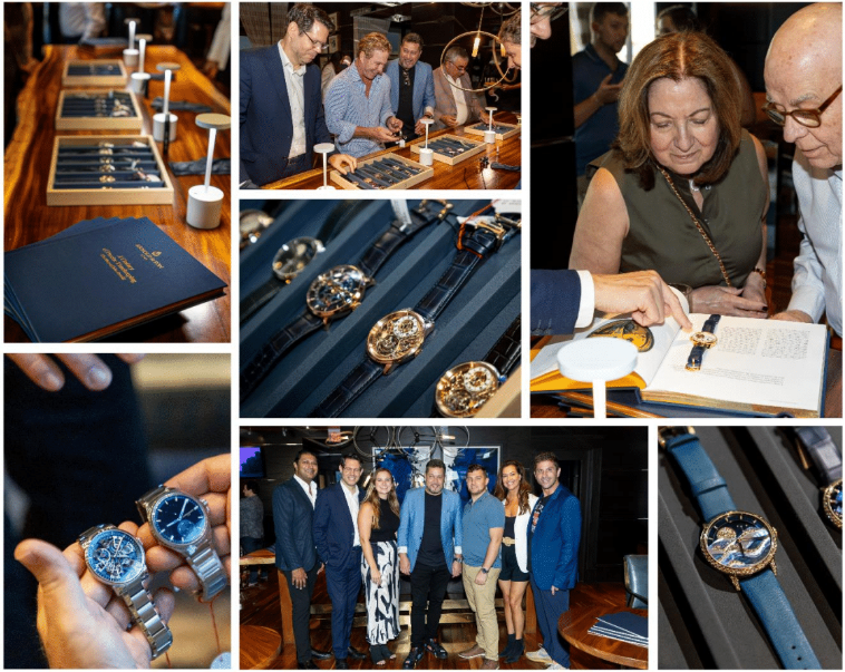 Collage of pictures of people admiring Arnold and Son watches and people enjoying the party.