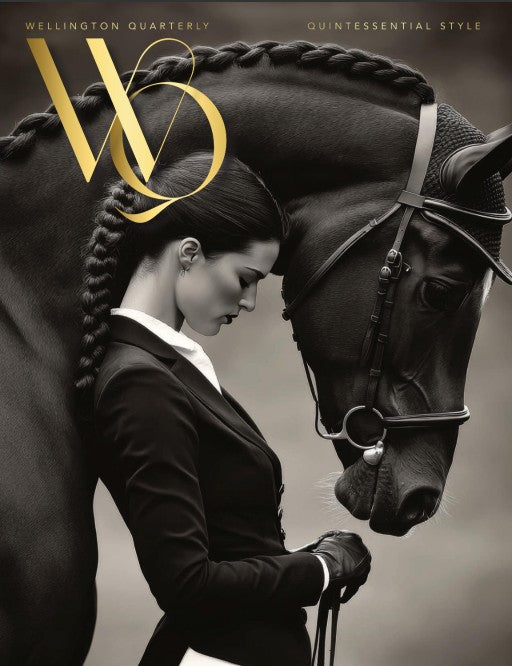 Cover photo of Wellington Quarterly Magazine with black and white photo of a woman dressed in equestrian gear standing next to a horse.