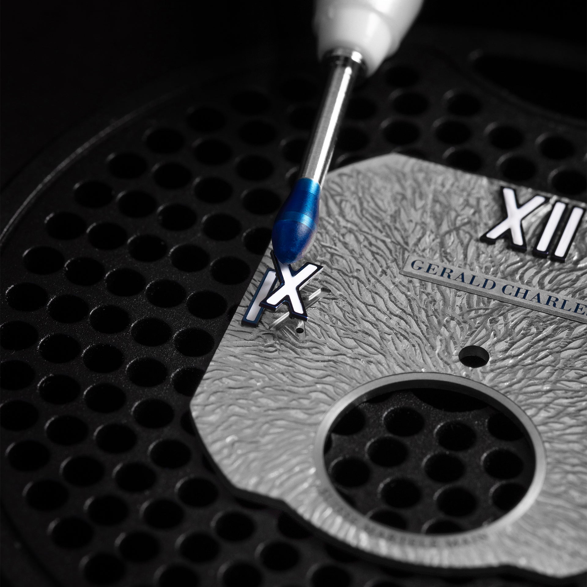 Lifestyle Image- Close up craftsmen image- Maestro 9.0 Tourbillon in White Gold Watch Collection by Gerald Charles