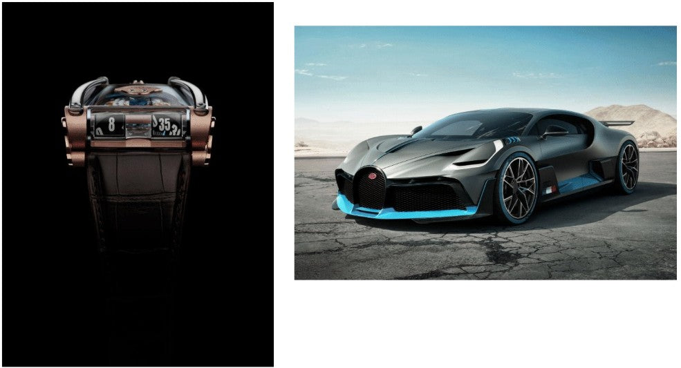 Product Image- Rose gold MB&F watch and gray and teal Bugatti Divo