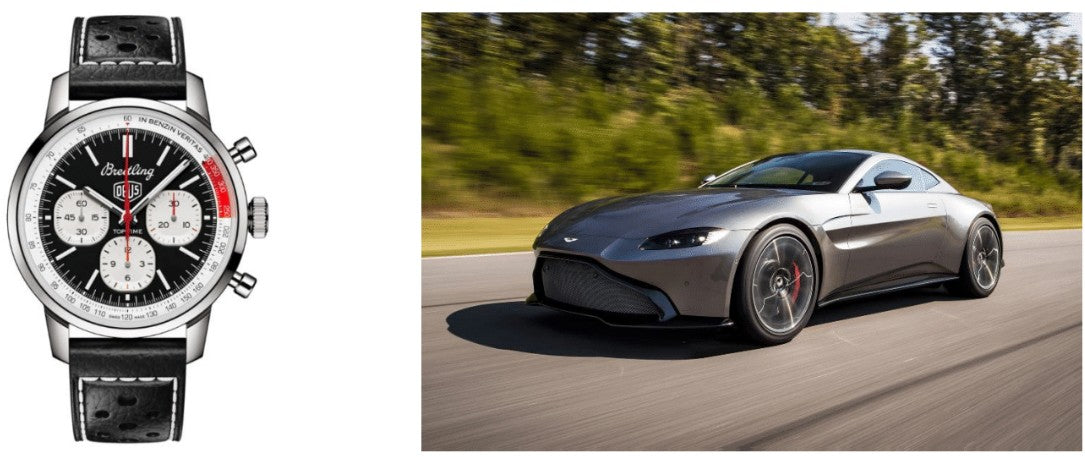 Product Image- Black and white Breitling watch and silver Aston Martin