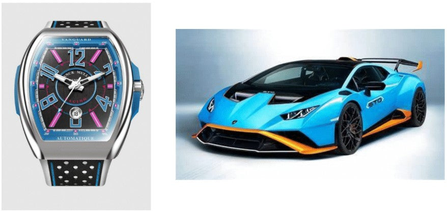 Product image of blue and pink Franck Muller watch and a teal and gold Lamborghini