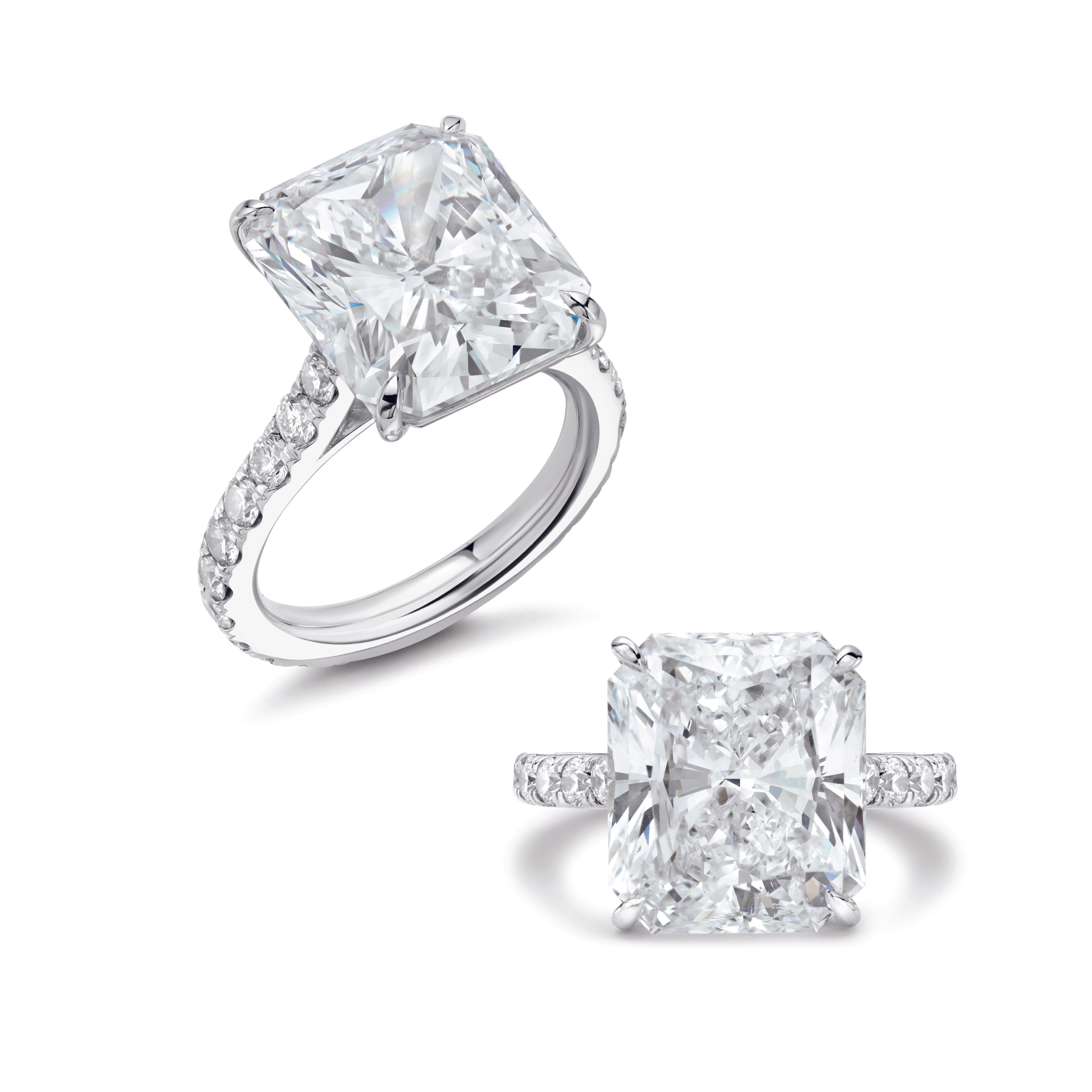 Two Radiant Cut Diamond Rings shown at different angles