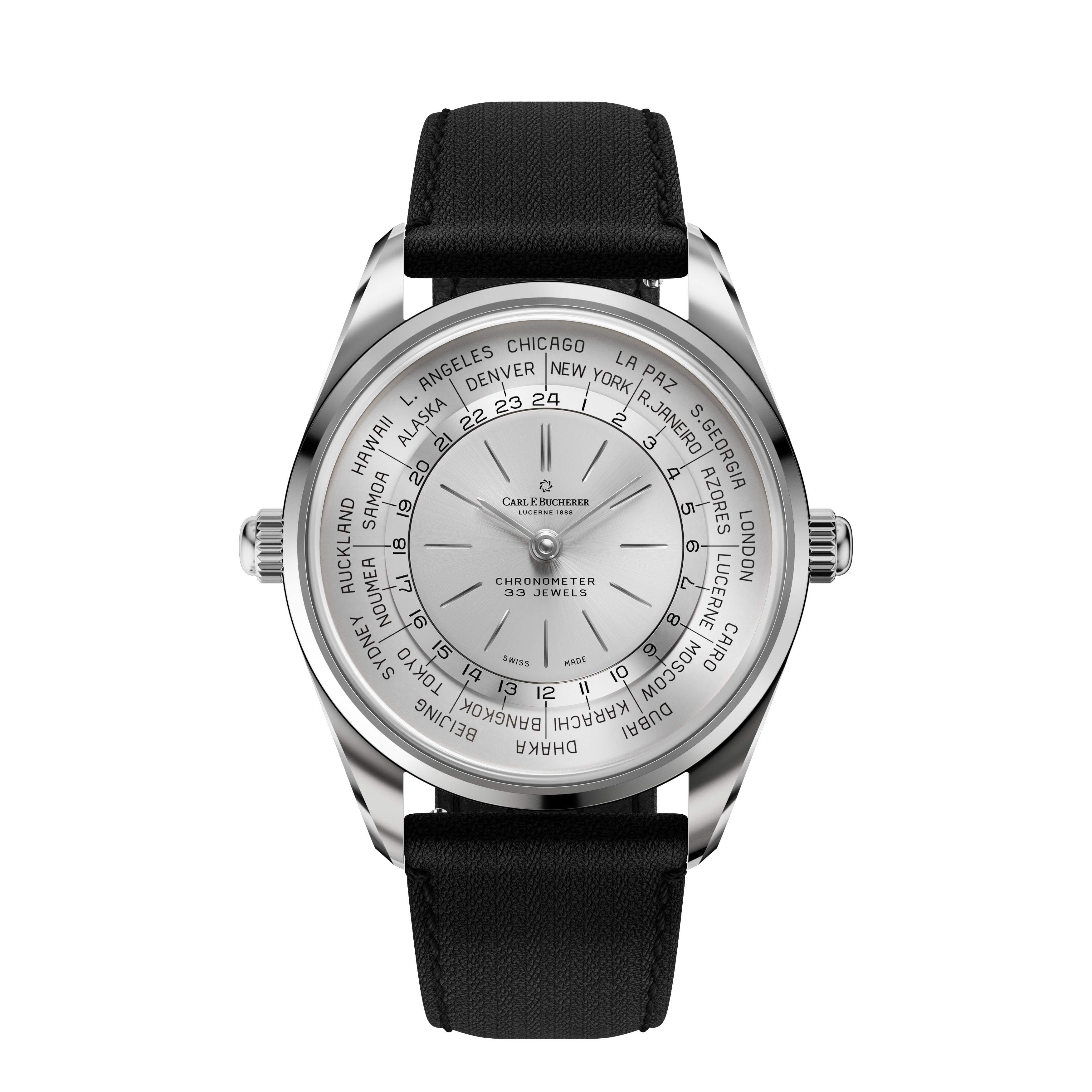 Front View- Carl F. Bucherer Heritage Worldtimer Watch in white gold