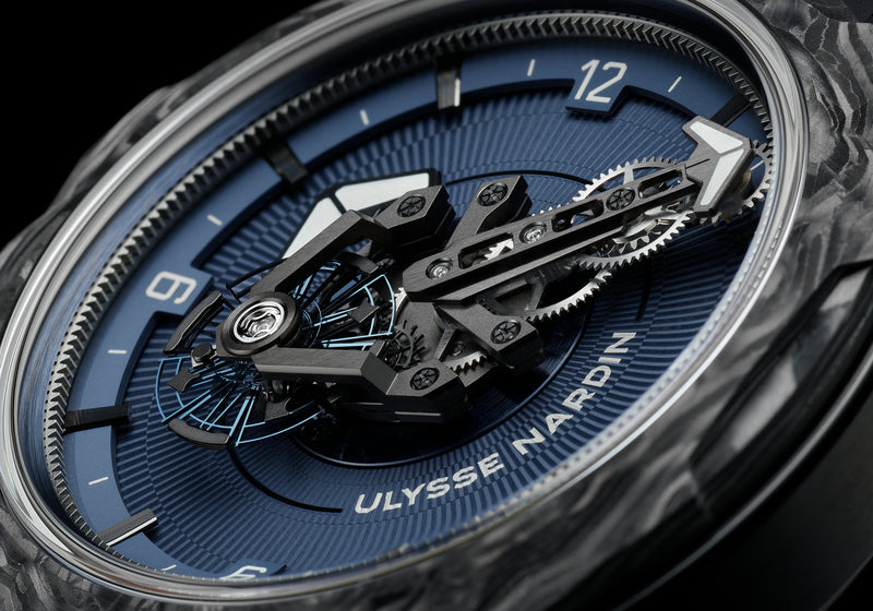 Close up image of the mechanics of the Ulysse Nardin Blue, Freak Collection watch