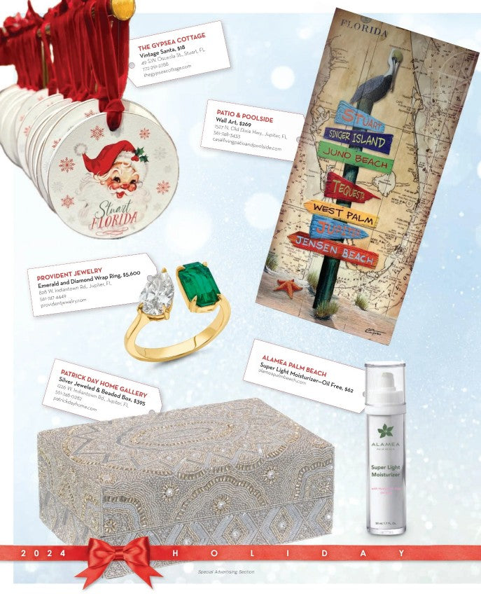 Highlighted in image is an emerald and diamond wrap ring with yellow gold.