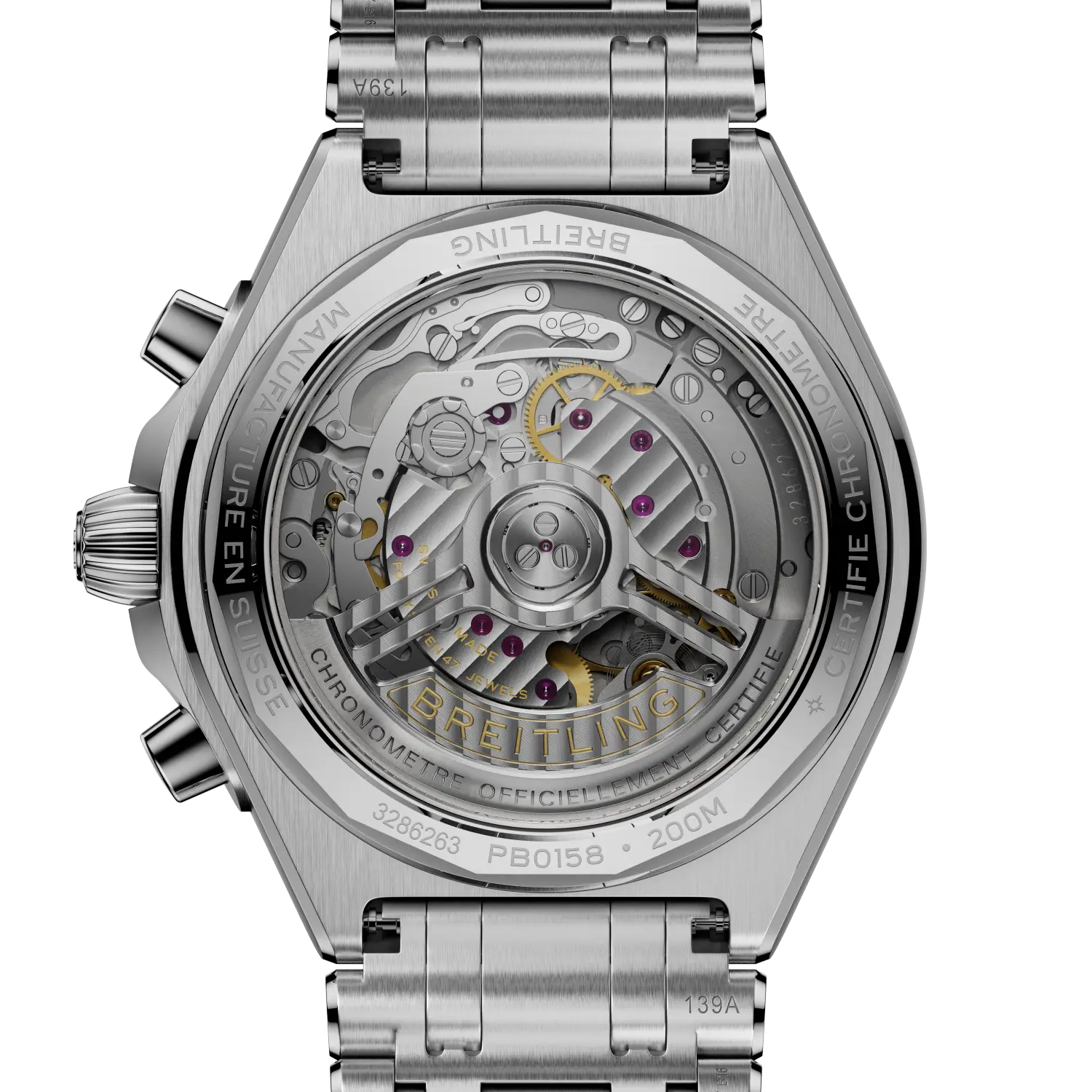 Silver Breitling watch with mechanical components on a white background