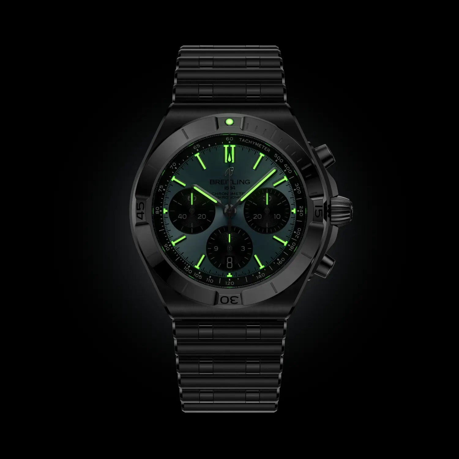 Breitling watch with green digital display on a black background