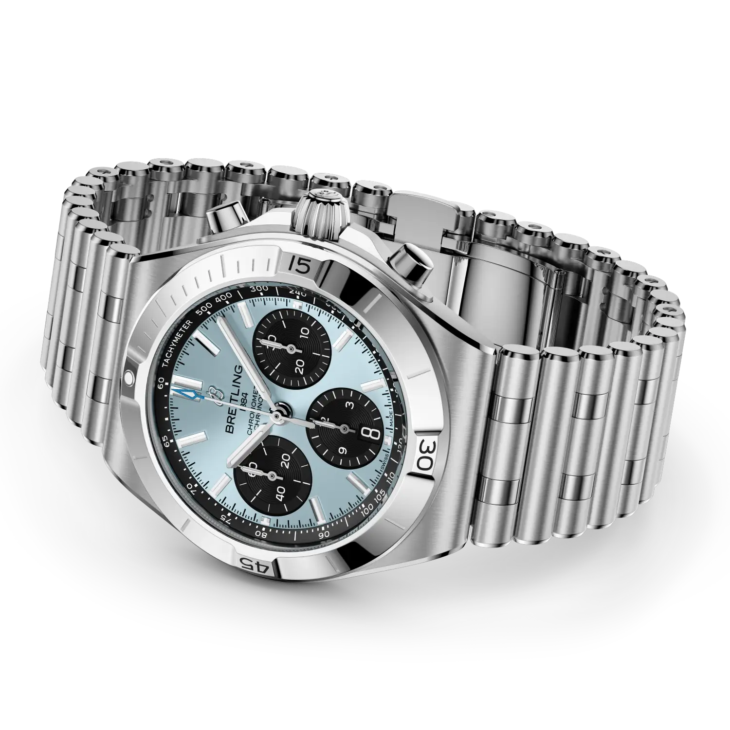 Silver Breitling watch with a detailed face on a white background