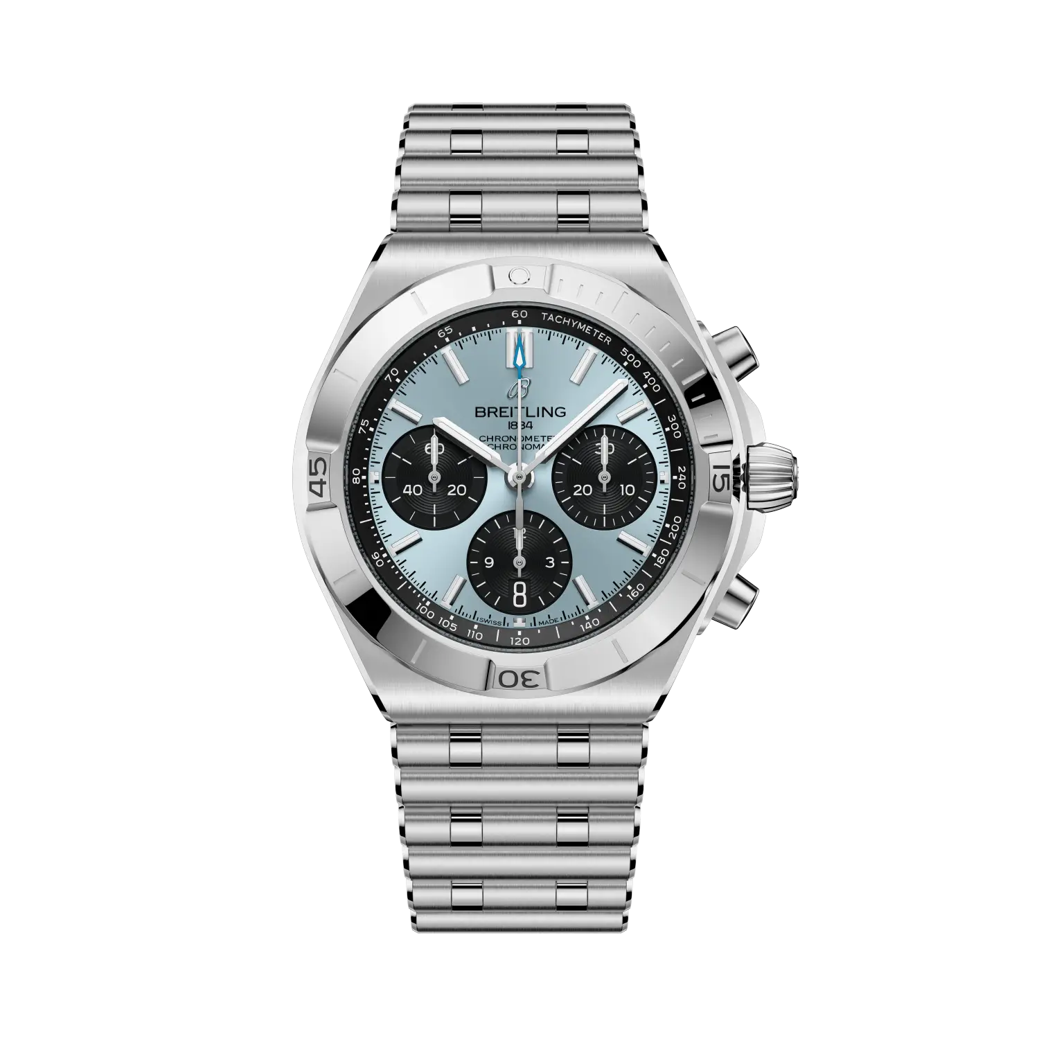 Silver Breitling watch with a blue face on a white background