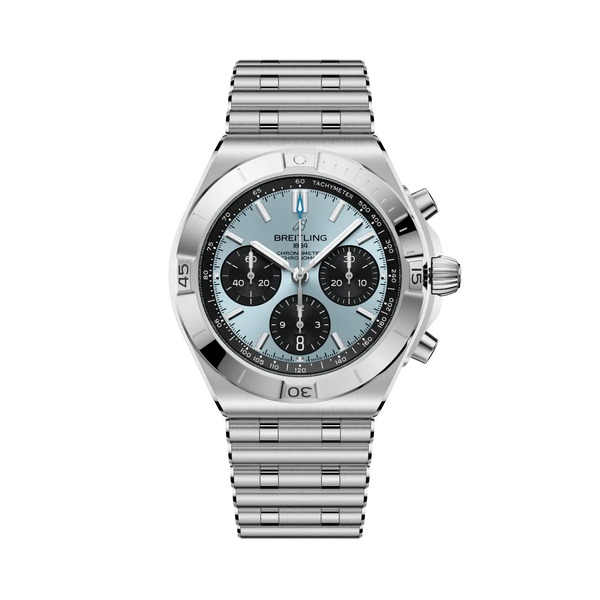 Silver Breitling watch with a blue face on a white background