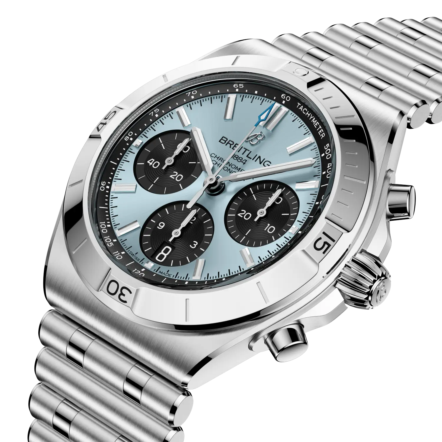 Silver Breitling watch with a detailed face on a white background