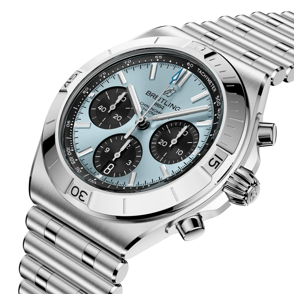 Silver Breitling watch with a detailed face on a white background
