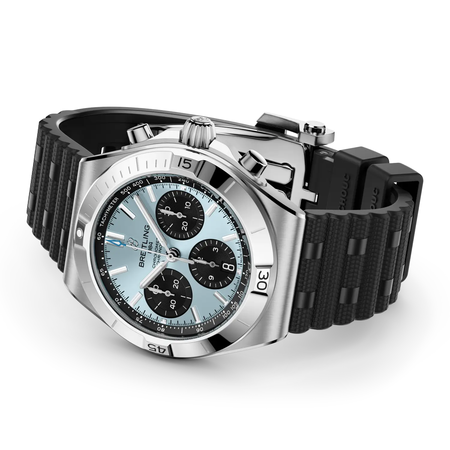 Silver watch with black strap on a white background