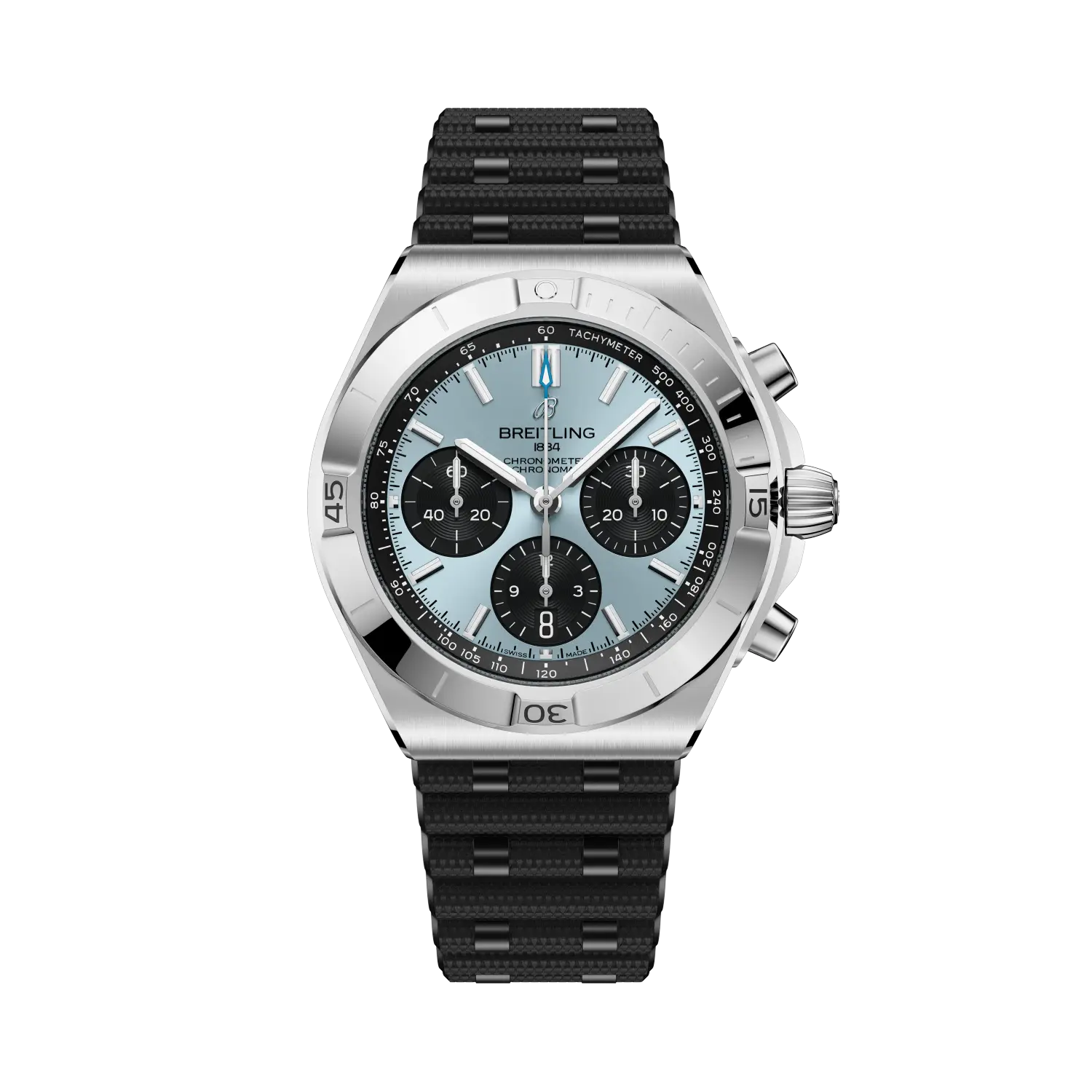 Breitling watch with black strap and silver case on a white background