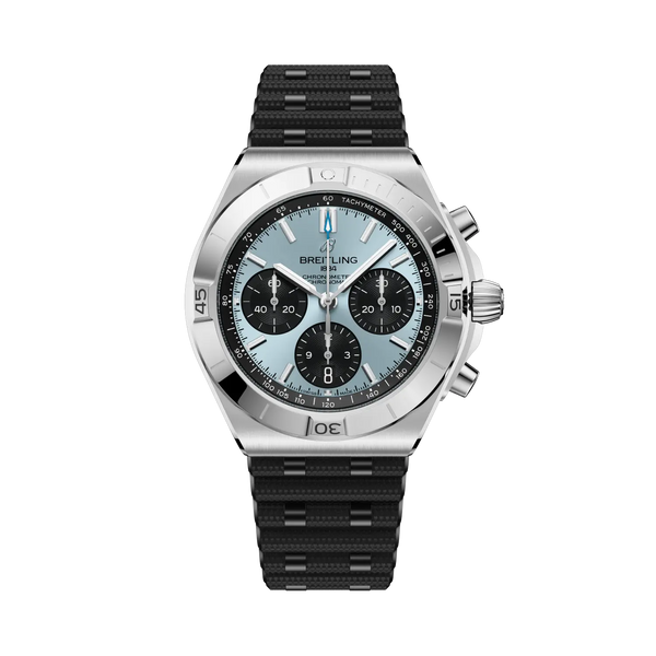 Breitling watch with black strap and silver case on a white background