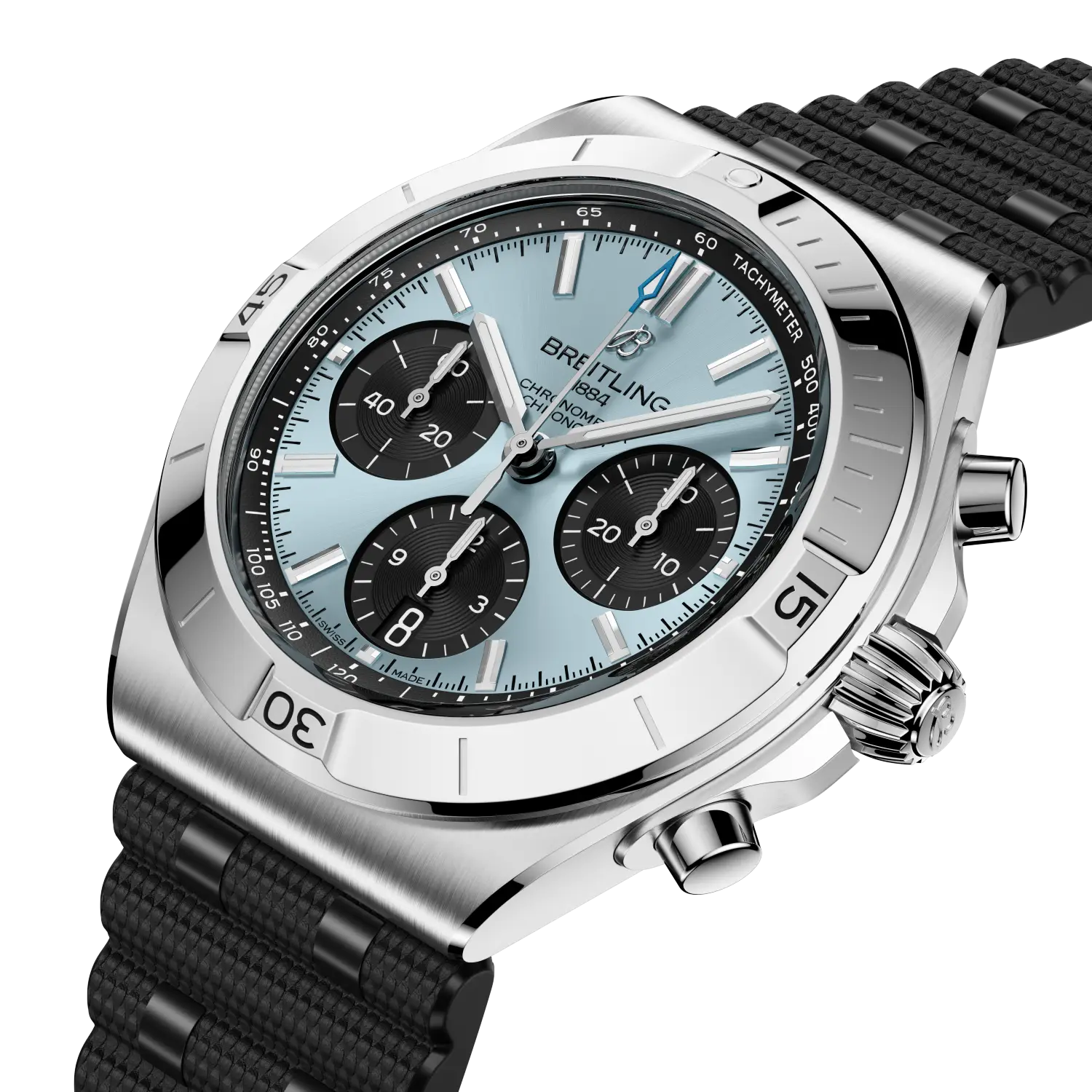 Breitling watch with black strap and blue face on a white background