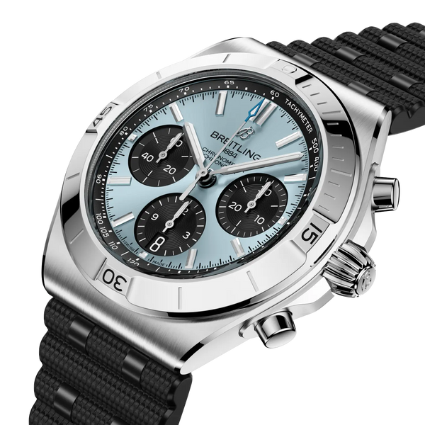 Breitling watch with black strap and blue face on a white background