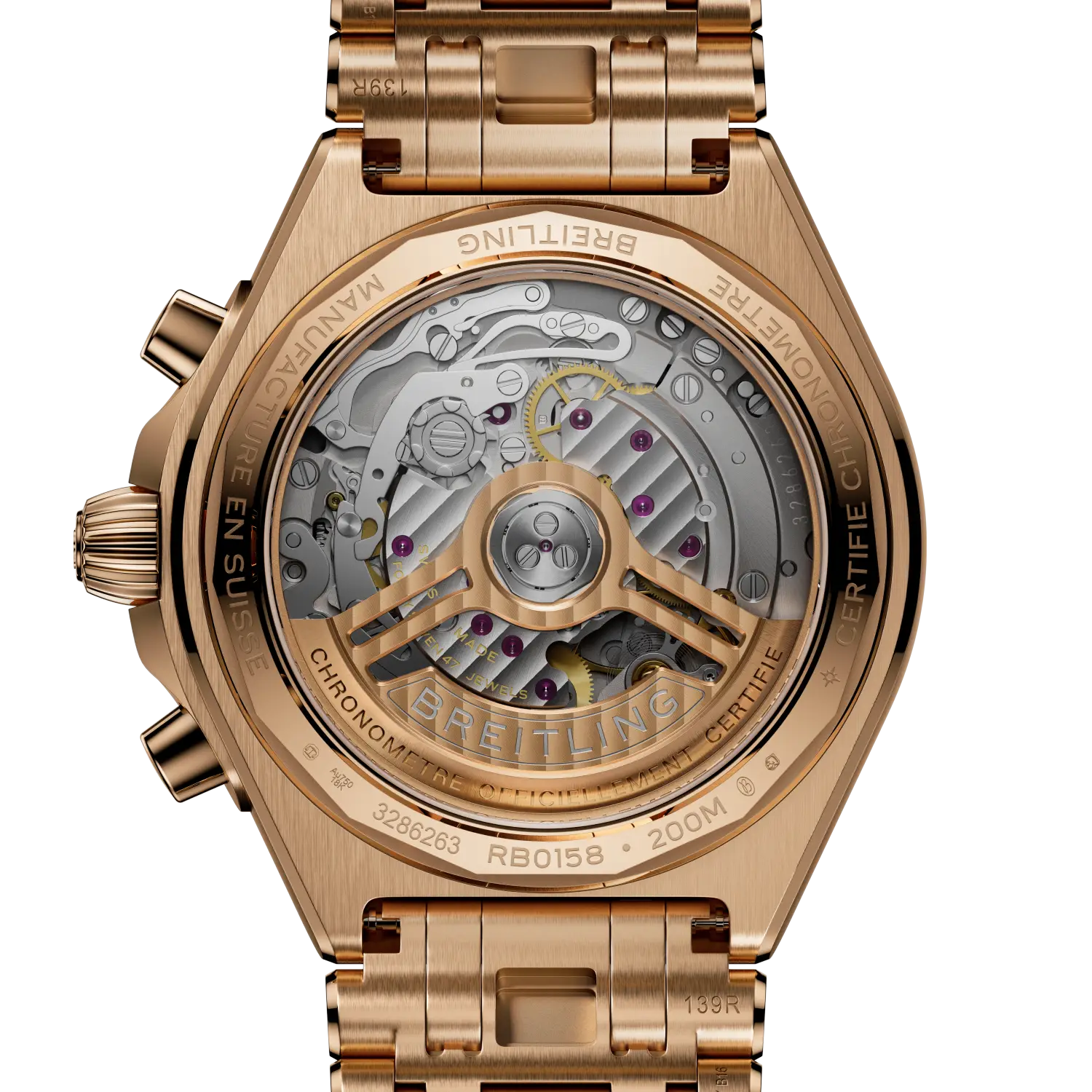 Rose gold watch with mechanical components on a white background