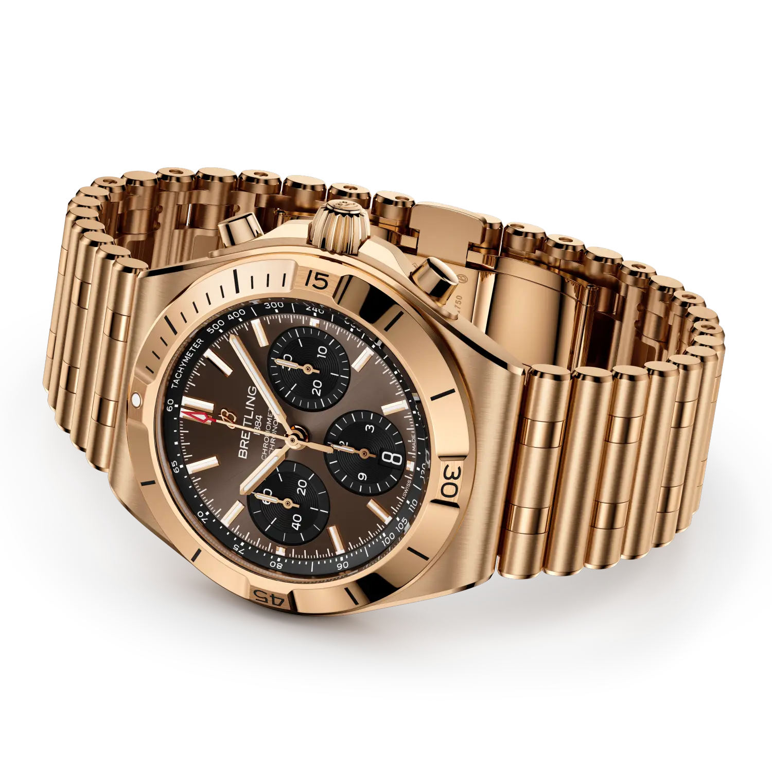 Rose gold watch with a detailed face on a white background