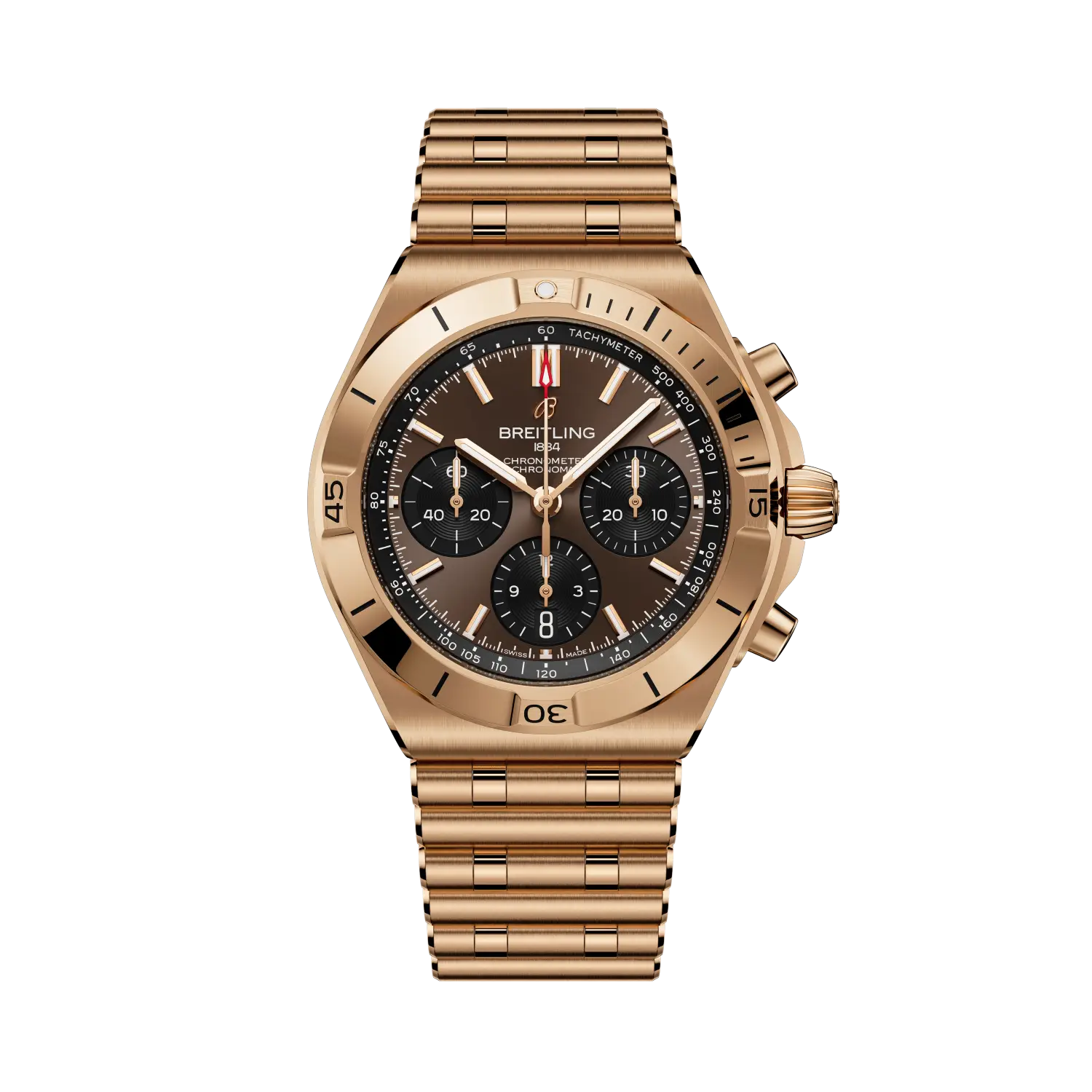 Rose gold Breitling watch with a detailed face on a white background