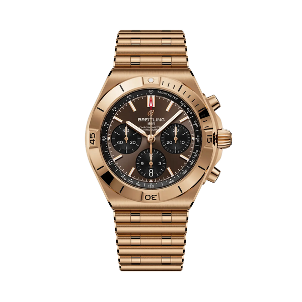 Rose gold Breitling watch with a detailed face on a white background