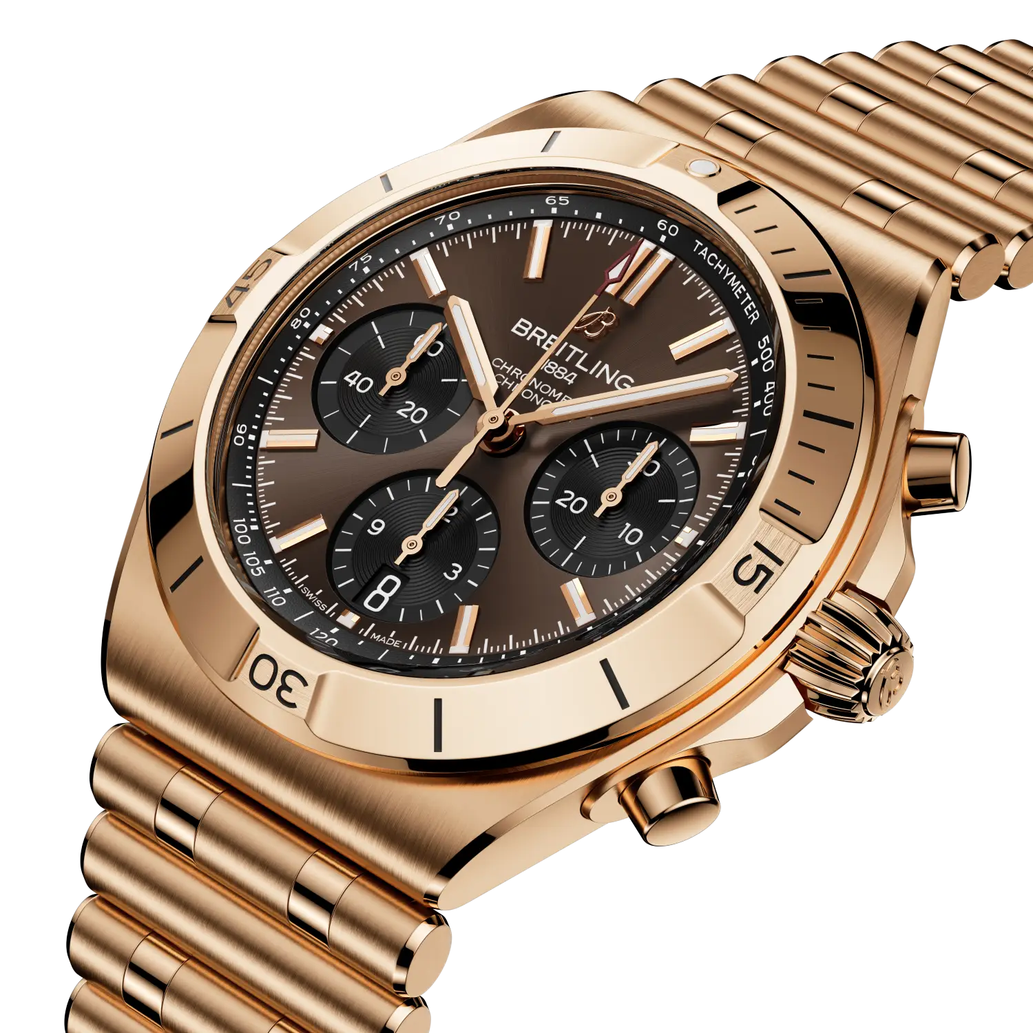 Gold wristwatch with a detailed face on a white background