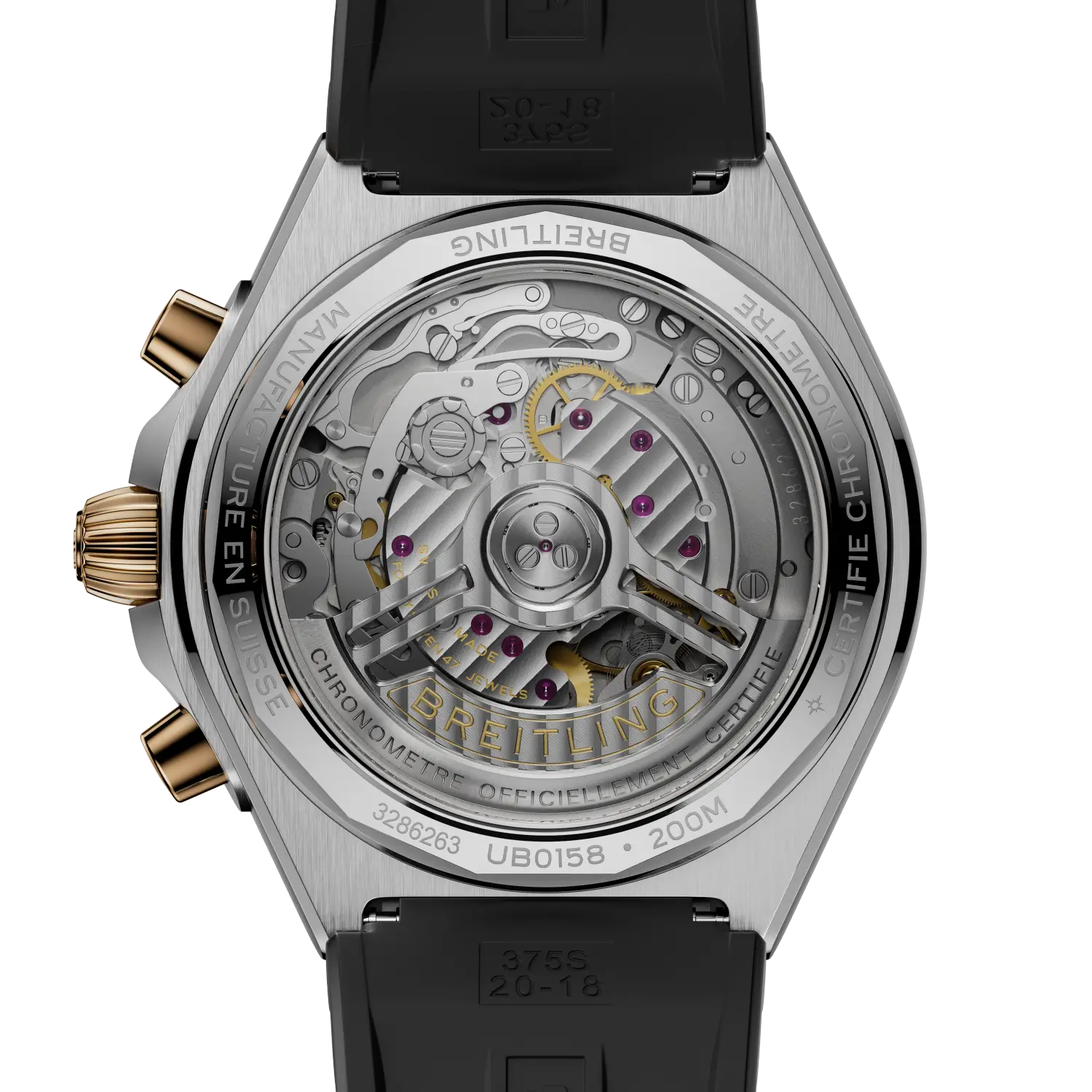 Watch with visible mechanical components on a white background