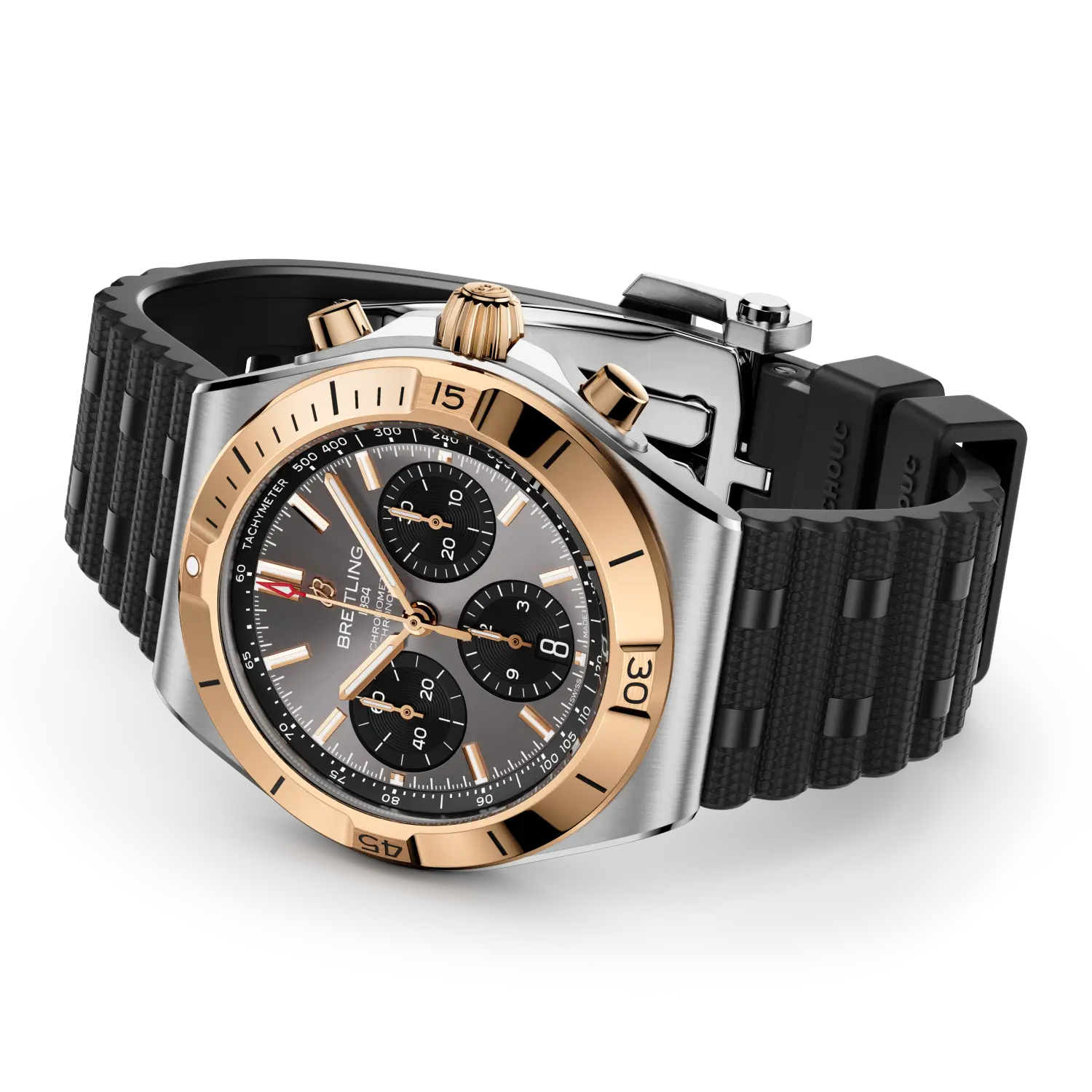 Luxury watch with black and rose gold design on a white background