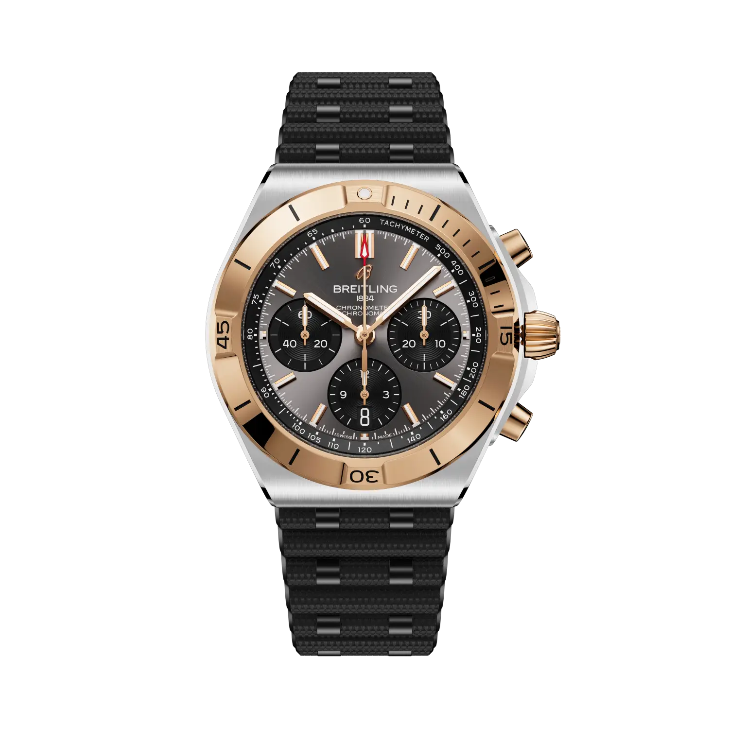 Luxury watch with black strap and rose gold case on a white background