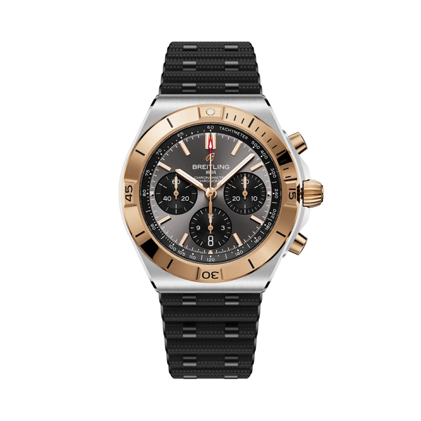 Luxury watch with black strap and rose gold case on a white background
